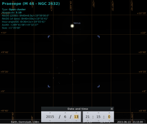 Die Venus begegnet M44 (Praesepe), simuliert für Darmstadt am 13.6.2015 um 21:15 GMT (23:15 MESZ)