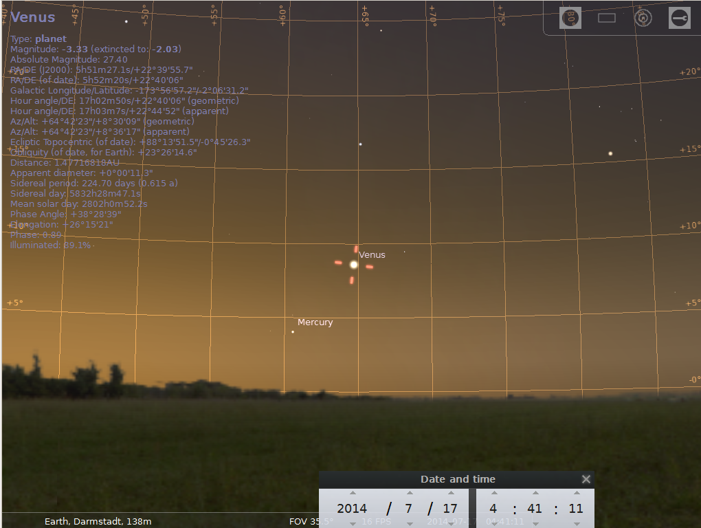 Venus am Merkur am Moregdnhimmel des 17.7.2014, hier simuliert für Darmstadt um 4:41 MEZ