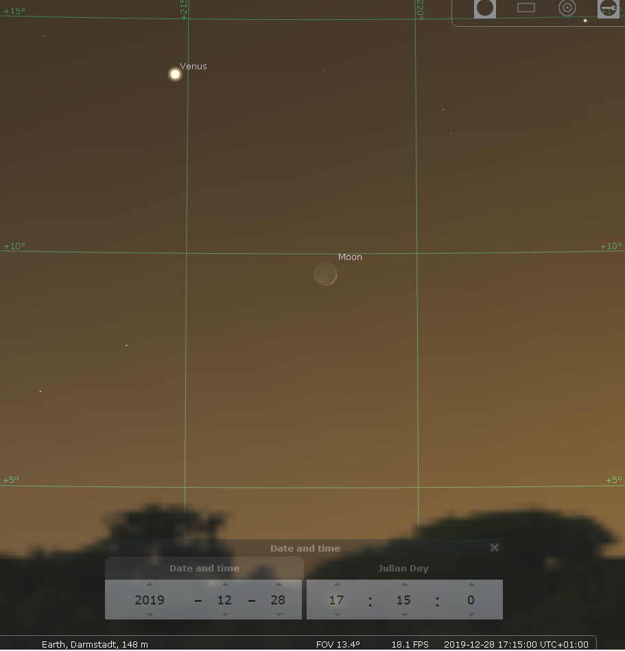 Konjunktion der Venus mit der schmalen Sichel des zunehmenden Monds am 28.12.2019, hier simuliert für Darmstadt um 17:15 MEZ