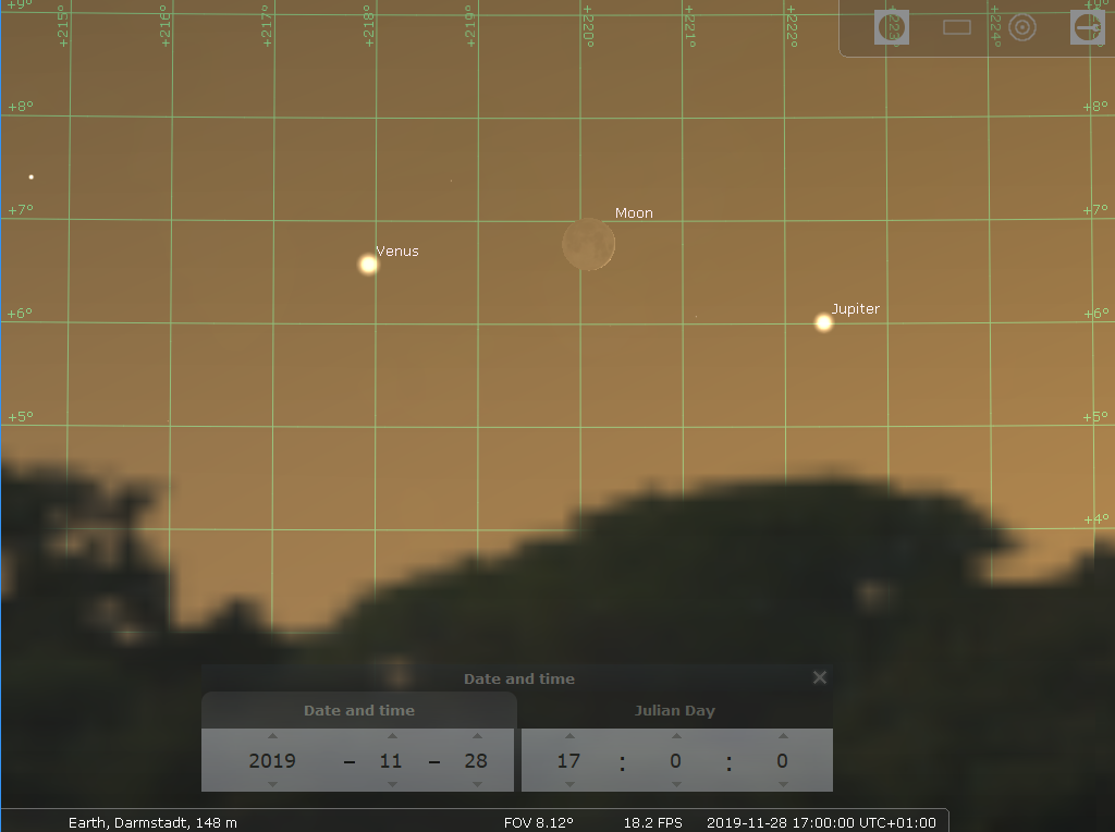 Konjunktion des zunehmenden Mondes mit Venus und Jupiter am Abend des 28.11.2019, hier simuliert für Darmstadt um 17:00 MEZ