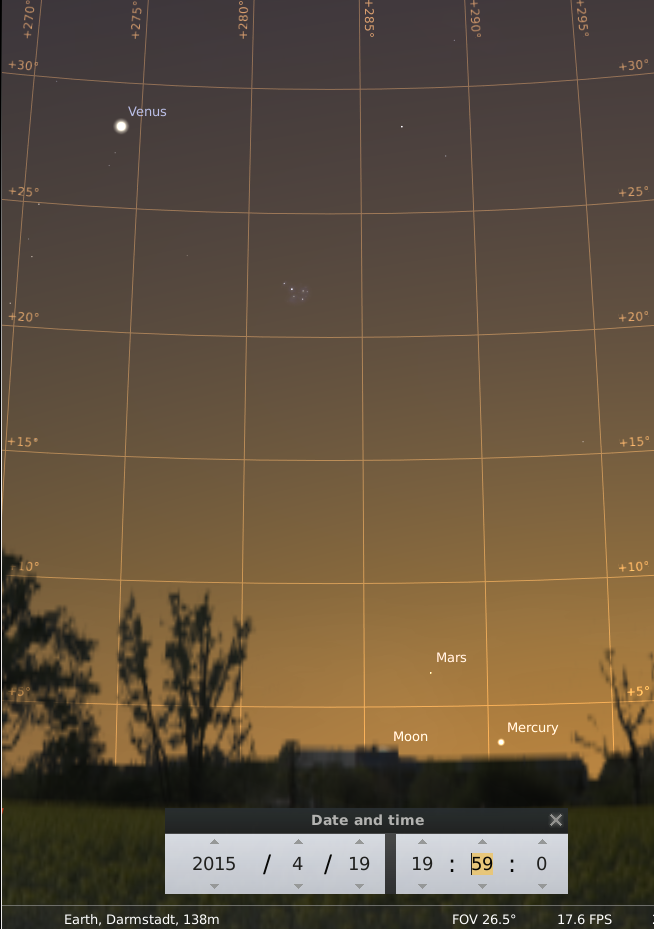 Venus, zunehmender Mond, Mars und Merkur am 19.4.2015, hier simuliert für Darmstadt um 19:59 MEZ (20:59 MESZ)