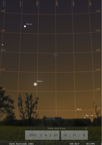 Venus, zunehmender Mond, Mars und Merkur am 20.4.2015, hier simuliert für Darmstadt um 19:11 GMT (21:11 MESZ)