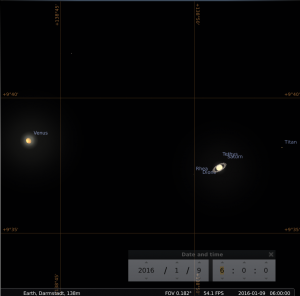 Sehr enge Konjunktion von Venus und Satun am 9.1.2016, simuliert für Darmstadt um 06:00 UTC(=07:00 MEZ)
