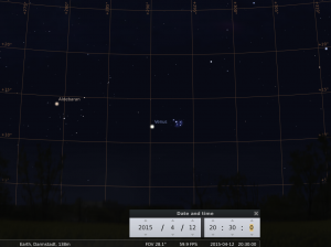 Venus passiert die Plejaden am 12.4.2015, simuliert für Darmstadt um 20:30 GMT (22:30 MESZ)