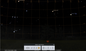 Die Venus zwischen Hyaden und Plejaden am 12.4.2015, hier simuliert für Darmstadt um 20:00 GMT (22:00 MESZ)