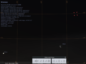 Venus, der Mond und Uranus am frühen Morgen des 20.6.2017, hier simuliert für Darmstadt um 02:00 UTC (04:00 MESZ)