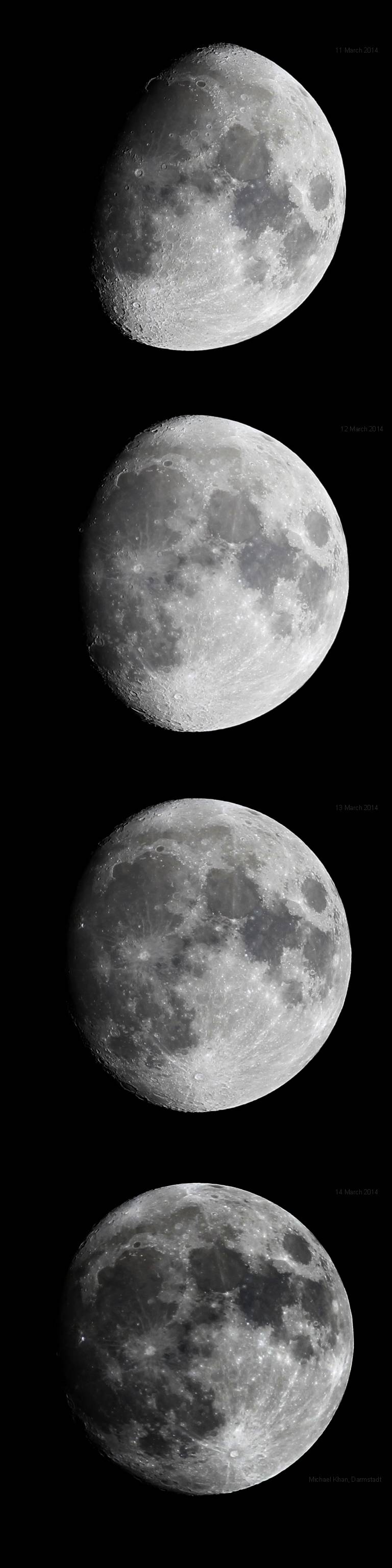 Der zunehmende Mond vom 11.-14.3.2014, fotografiert aus Darmstadt mit einem Apochromaten mit 65 mm Apertur und 420 mm Brennweite und einer Kamera vom Typ Canon EOS 600D