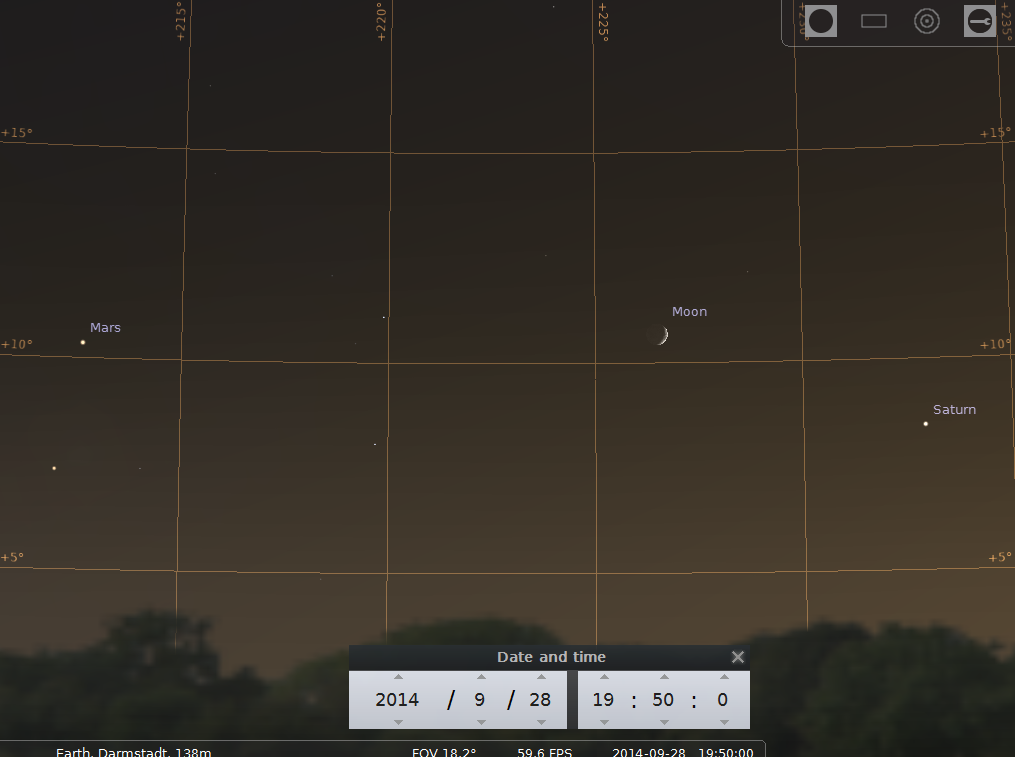 Antares, Mars, zunehmende Mondsichel und Saturn am Abend des 28. September über Darmstadt, simuliert für 19:50 MESZ