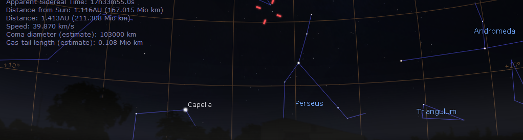 Beobachtungsmöglichkeit für Komet C/2017 S3 (Panstarrs) am Nordhimmel, hier simuliert für Darmstadt am 7.7.2018 00:00 MESZ