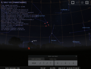 Beobachtungsmöglichkeit für Komet C/2017 S3 (Panstarrs) am Nordhimmel, hier simuliert für Darmstadt am 7.7.2018 00:00 MESZ
