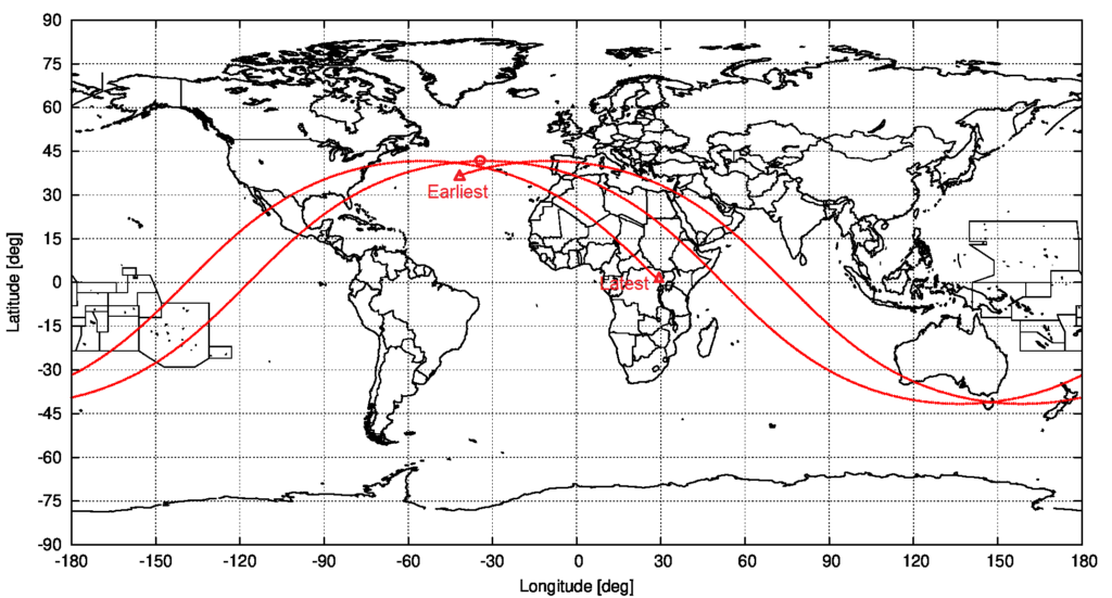 Computed ground track of object 2021-035-B, from the start to the end of the currently assumed uncertainty interval, based on the OD for 8 May 2021 12:31:57 UTC. The assumed predicted entry location is marked. source: Michael Khan
