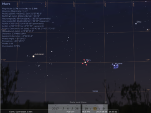 Aldebaran, Mars und M45 am 26.4.2017, hier simuliert für Darmstadt um 19:53 UTC (21:53 MESZ)