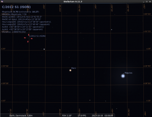 Comet ISON, planet Mars and Regulus (alpha Leonis) on the morning of 16 Oct. 2013, 03:00 GMT (05:00 CEDT) simulation: Michael Khan via Stellarium