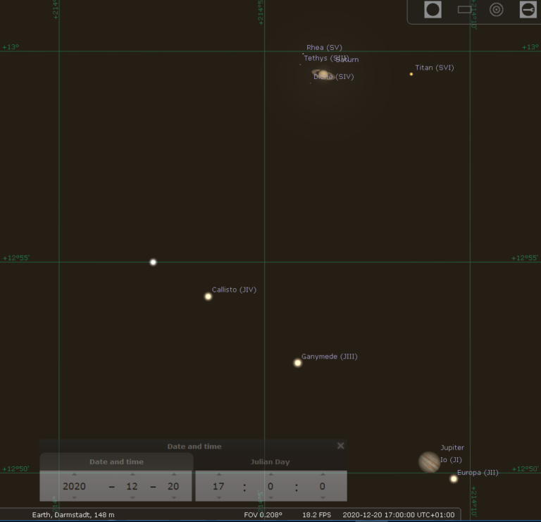 Extrem enge Konjunktion zwischen Jupiter und Saturn am Abend des 20.12.2020, hier simuliert für Darmstadt um 17:00 MEZ