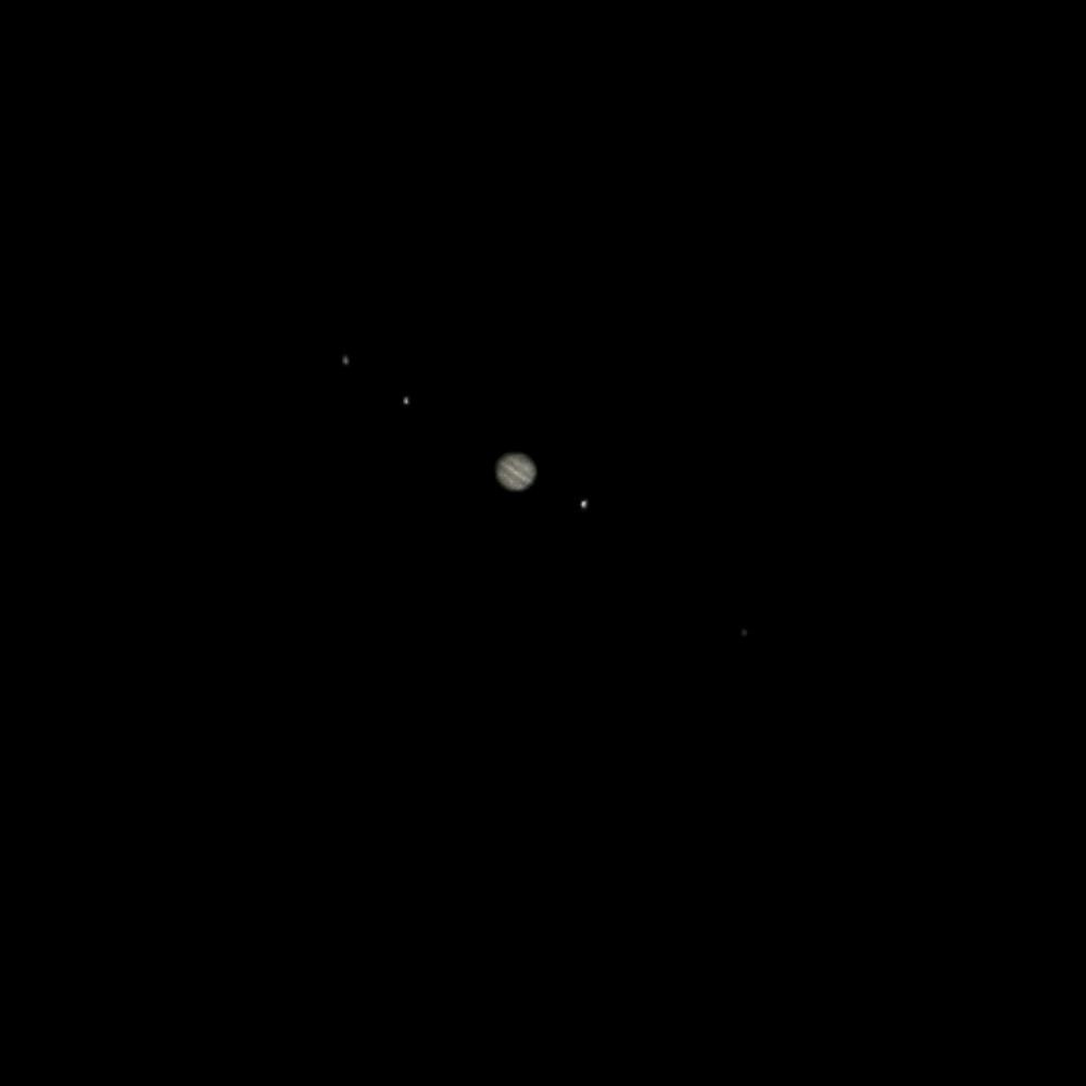 Jupitersystem am 12.3.2014 um 22:40 MEZ. 65/420 Apochromat, Canon EOS 600D. Kompositaufmahme: System mit ISO 800, 1/20 s, Jupiter mit ISO 100, 1/125 s