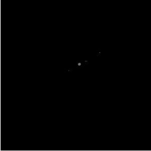 Jupiter und (von links unten nach rechts oben) Callisto, Io, Europa und Ganymed am 12.1.2014 um 22:48, Teleskop: TS Optics Quadruplet 65/420 apochromatischer Refraktor, Kamera: Canon EOS 600D