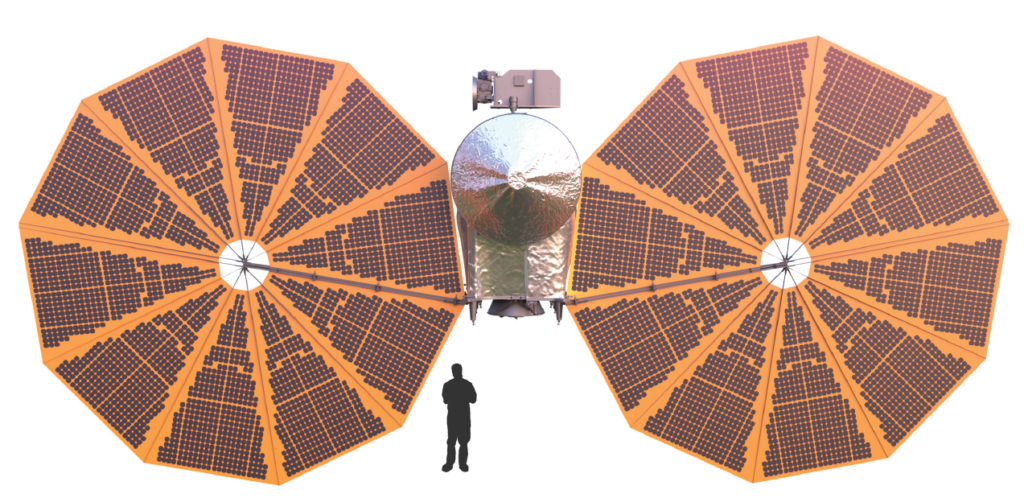 Skizze der Raumsonde Lucy mit ausgefahrenen Solargeneratoren, Quelle: Lucy-Press Kit von NASA/JPL