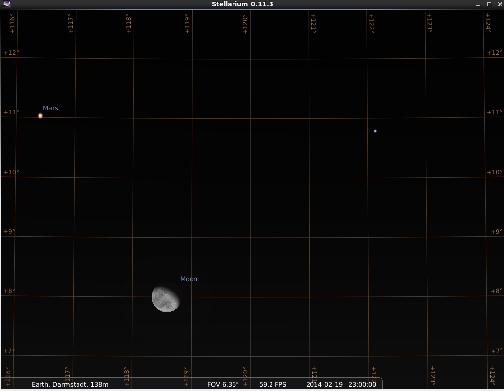 Enge Begegnung zwischen Mars, Mond und Spica, simuliert für den Standort Darmstadt am 19.2.2014 um 23:00 GMT (24:00 MEZ)