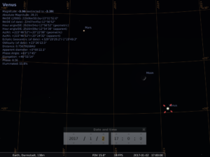 Konjunktion aus Mars, zunehmender Mondsichel und sehr heller Venus am Abend des 2.1.2017, simuliert für Darmstadt um 17:00 UTC (=18:00 MEZ)