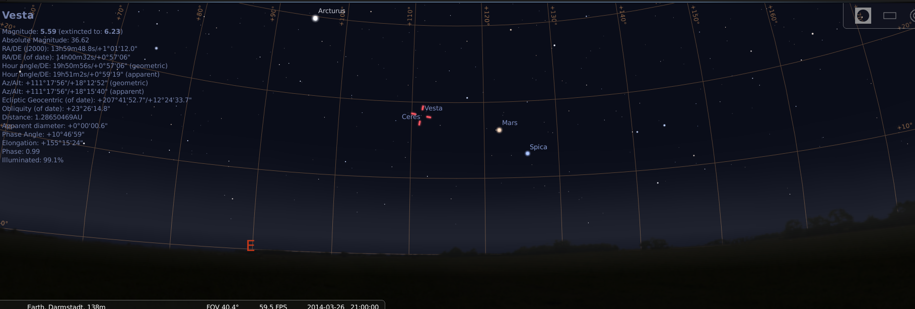 Mars, Spica, Ceres und Vesta am Abendhimmel des 26.3.2014