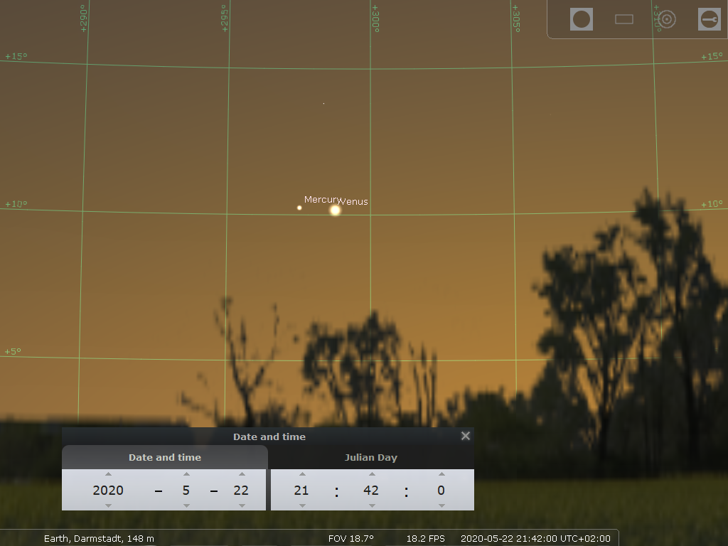 Merkur und Venus in der Abenddämmerung des 22.5.2020, hier simuliert für Darmstadt um 21:42 MESZ