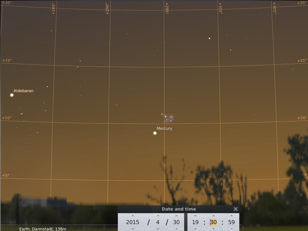 Merkur nahe bei M45 am Abend des 30.4.2015, hier simuliert für Darmstadt um 19:30 GMT (=21:30 MESZ)