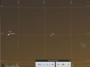 Der Mond kurz nach der Aldebaranbedeckung, Mars und M45 am 28.4.2017, hier simuliert für Darmstadt um 19:20 UTC (21:20 MESZ)