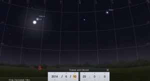 Mond und Saturn in Konjunktion am 10. Juni 2014, simuliert für Darmstadt um 23:00 MESZ