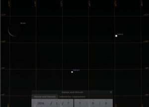 Dreieckskonjunktion aus Mond, Saturn und Venus am Morgen des 7.1.2016, hier simuliert für Darmstadt um 7:00 MEZ
