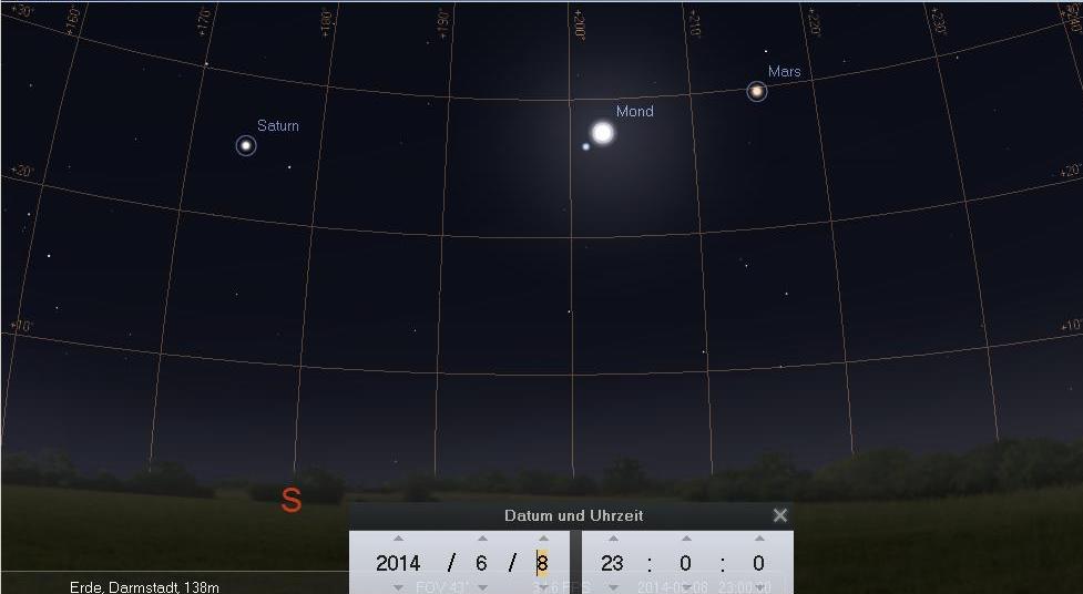 Mond und Spica in Konjunktion am 8. Juni 2014, simuliert für Darmstadt um 23:00 MESZ
