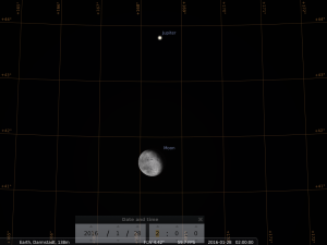 Konjunktion zwischen Mond und Jupiter am frühen Morgen des 28. Januar 2016, hier simuliert für Darmstadt um 2:00 GMT (3:00 MEZ)