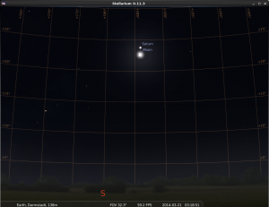 Simulation der Mond-Saturn-Konjunktion am 21.3.2014. hier für den Standort Darmstadt und die Uhrzeit 3:18 UTC (4:18 MEZ)