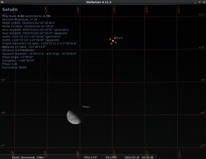 Mond und Saturn etwa 2 Grad voneinander getrennt, simuliert für Darmstadt fur den 22.2.2014, 1:21 GMT (2:21 MEZ)