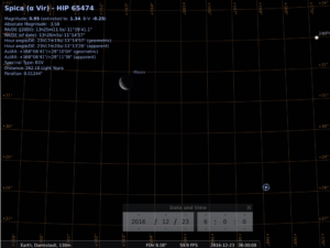 Konjunktion aus abnehmendem Mond, Spica und Jupiter am Morgen des 23.12.2016, simuliert für Darmstadt um 06:00 UTC (=07:00 MEZ)