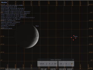Zunehmender Mond und Vesta am 28.9.2028 um 18:00 UTC (20:00 MESZ), simuliert für den Beobachterstandort Darmstadt
