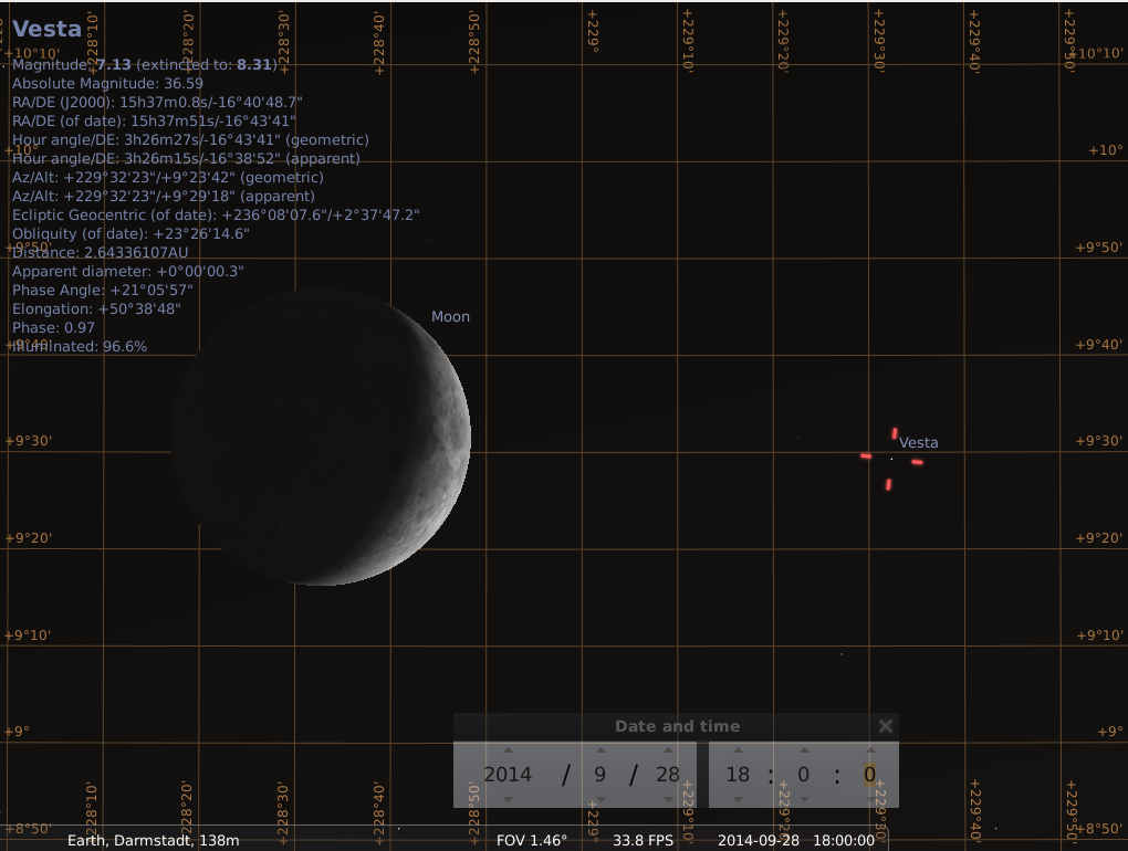 Zunehmender Mond und Vesta am 28.9.2028 um 18:00 UTC (20:00 MESZ), simuliert für den Beobachterstandort Darmstadt