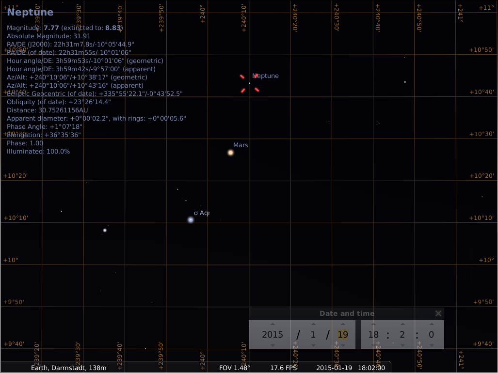 Neptun-Mars-Konjunktion am Abend des 19.1.2015, hier gezeigt um 18:02 UTC (=19:02 MEZ)