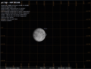 Bedeckungsaustritt des Sterns rho1-Sgr am 8.8.2014, simuliert für Darmstadt, 22:19 UTC (=9.8.2014 00:19 MESZ)