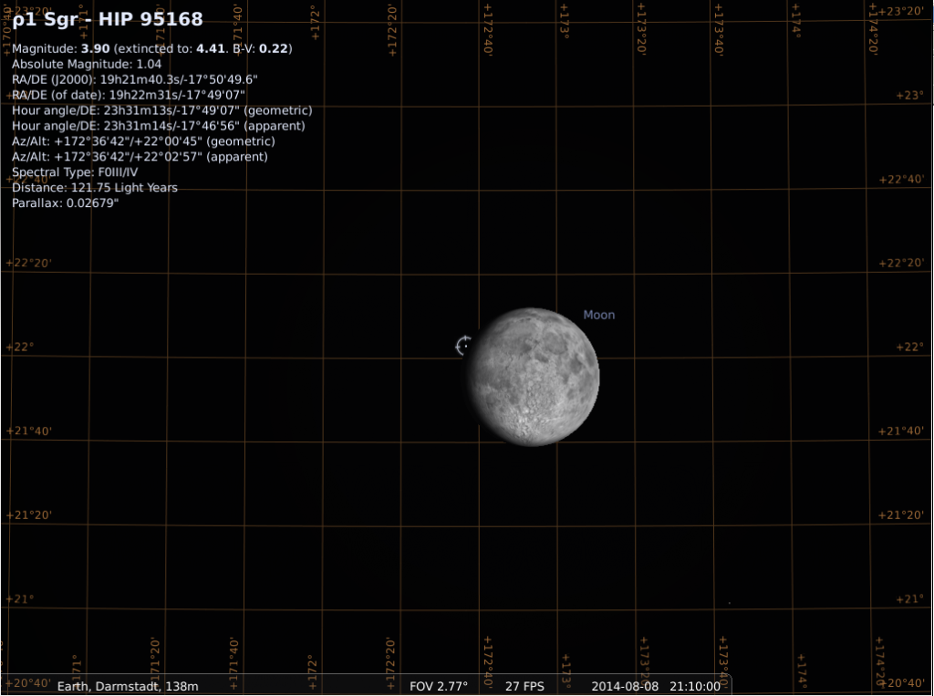 Bedeckungseintritt des Sterns rho1-Sgr am 8.8.2014, simuliert für Darmstadt, 21:10 UTC (=23:10 MESZ)