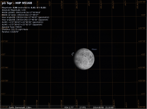 Bedeckungseintritt des Sterns rho1-Sgr am 8.8.2014, simuliert für Darmstadt, 21:10 UTC (=23:10 MESZ)
