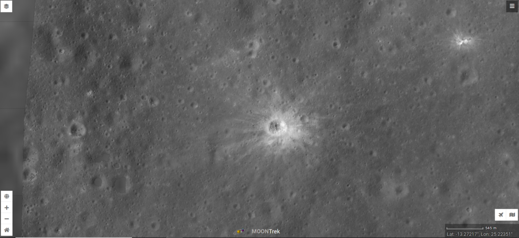 Krater Shioli (13.3 Grad Süd, 25.2 Grad Ost) zwischen den großen Kratern Cyrillus und Theophilus, Quelle: Moon Trek, NASA-JPL