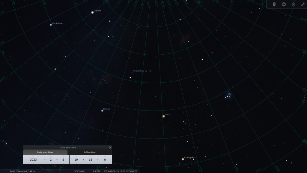 Komet C/2022 E3 (ZTF) am Abend des Mittwoch, 8.2.2023, hier simuliert für Darmstadt um 19:15 MEZ, Quelle: Michael Khan via Stellarium