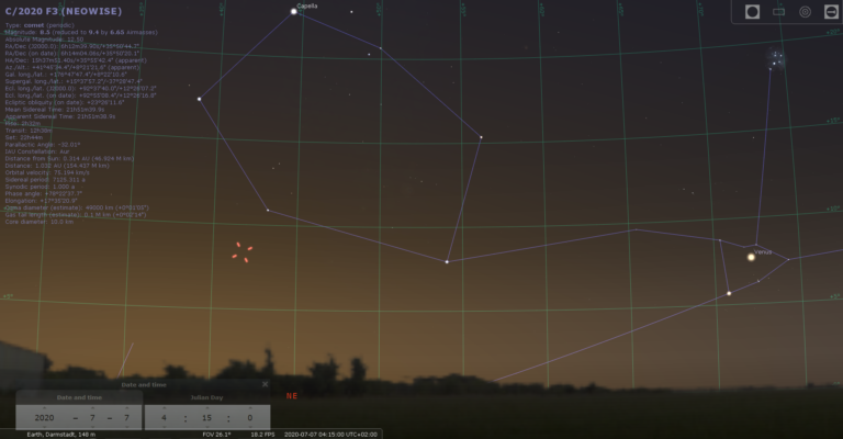 Komet C/2020 F3 (Neowise) am 7.7.2020, hier simuliert für Darmstadt um 04:15 MEZ