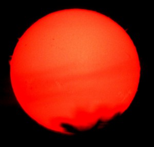 Sonne bei Sonnenuntergang im H-Alpha-Band mit leichter Schleierbewölkung und Baum im Vordergrund, 29.10.2013, 17:23 MEZ