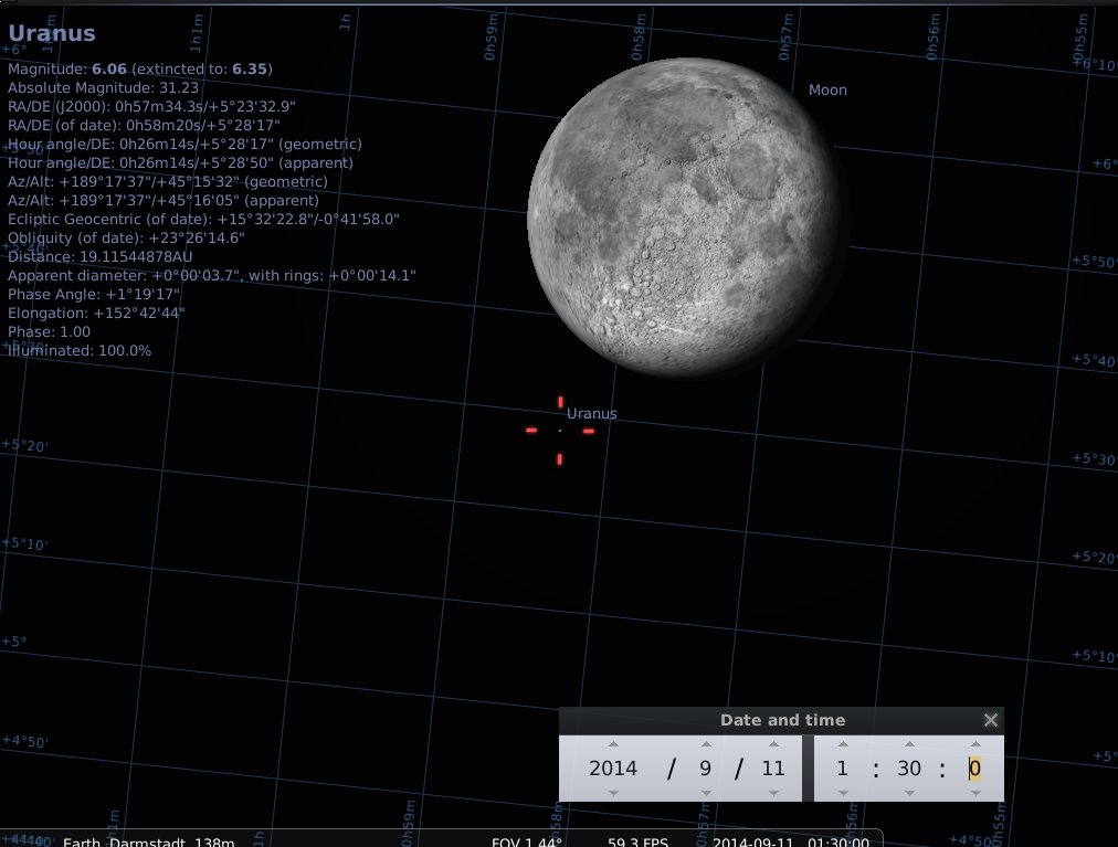 Uranus-Mond-Begegnung am 11.9.2014, hier gezeigt um 1:30 UTC (=3:30 MESZ). Die Beobachtung dürfte wegen der geringen Helligkeit des Planeten sehr schwierig sein.