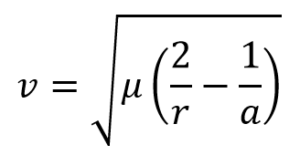 Die Vis-Viva-Gleichung, die die Bahngeschwindigkeit auf einer Keplerbahn als Funktion des aktuellen bahnradius und der konstanten großen Halbachse angibt