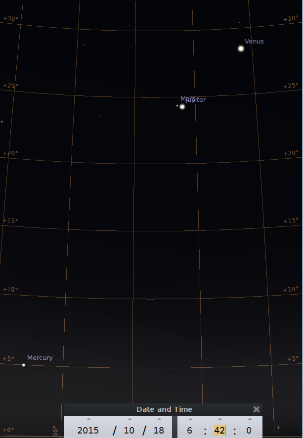 Merkur, Mars, Jupiter und Venus am Morgen des 18. 10. 2015, simuliert fuer Darmstadt um 6:42 MESZ