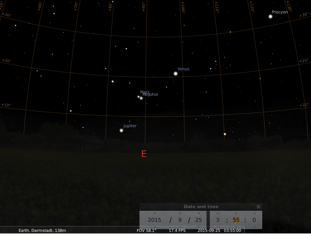 Jupiter, Mars, Regulus (Alpha Leo) und Venus am Morgen des 25.9.2015, simuliert für Darmstadt um 3:55 UTC (5:55 MESZ)