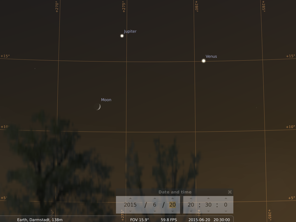 Jupiter, Venus und zunehmender Mond am 20.6., simuliert für Darmstadt um 20:30 GMT (22:30 MESZ)