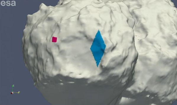 Ort der ersten Landung (rot) und die Gegend (blau) in der Philae letztlich zur Ruhe kam